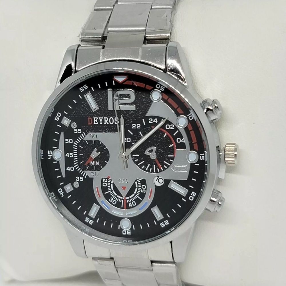 Mens Deyros Fashion Casual‎ Classic Silver Tone Black Silver Dial Date Watch E2